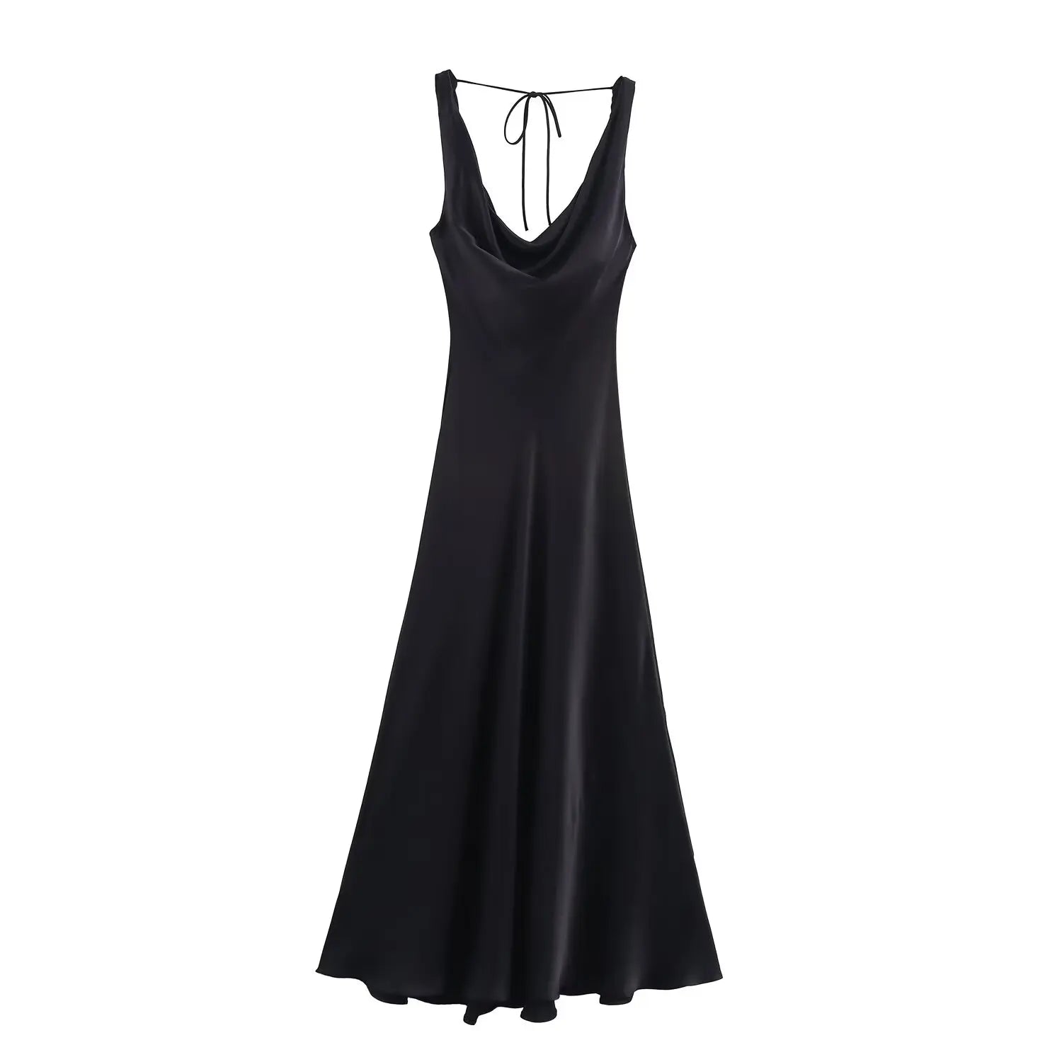 Vestido midi feminino, estilo férias, em cetim, costas abertas, decote V, alças de renda. Elegante e sexy, ideal para qualquer ocasião.