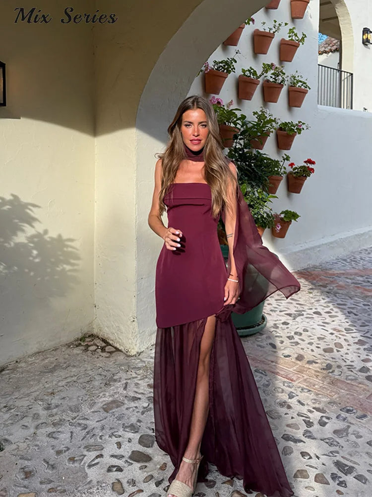 Vestido feminino de festa, com laço e decote quadrado, sem mangas, patchwork liso e modelagem justa, ideal para primavera e ocasiões especiais.