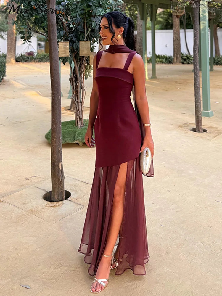 Vestido feminino de festa, com laço e decote quadrado, sem mangas, patchwork liso e modelagem justa, ideal para primavera e ocasiões especiais.