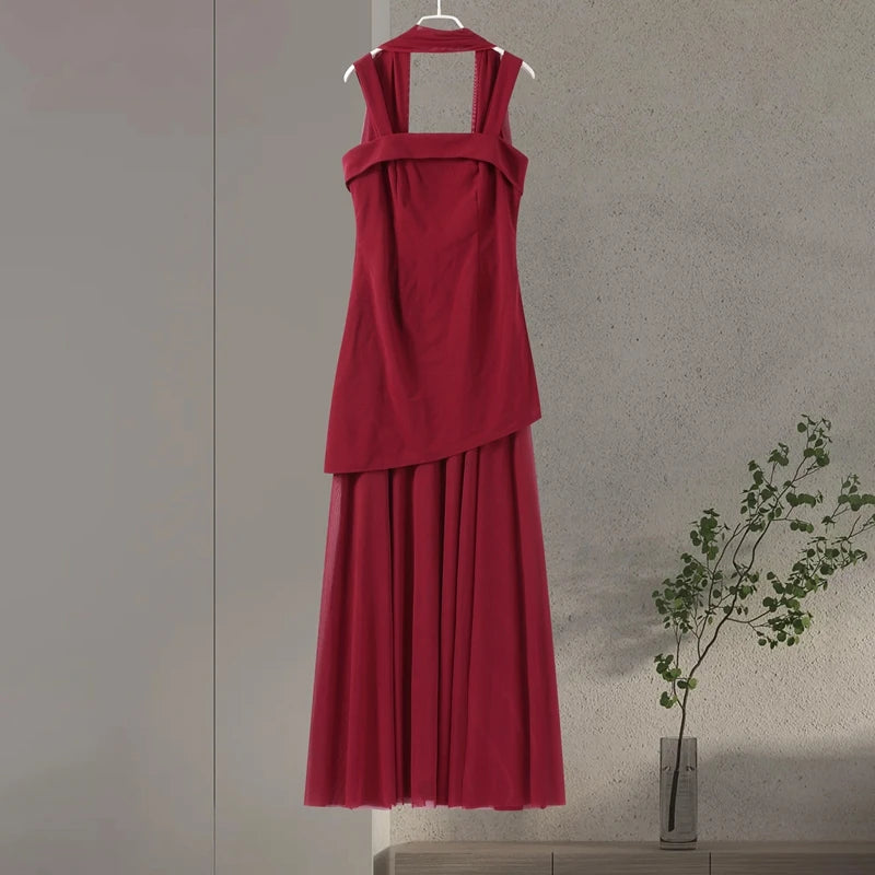 Vestido feminino de festa, com laço e decote quadrado, sem mangas, patchwork liso e modelagem justa, ideal para primavera e ocasiões especiais.